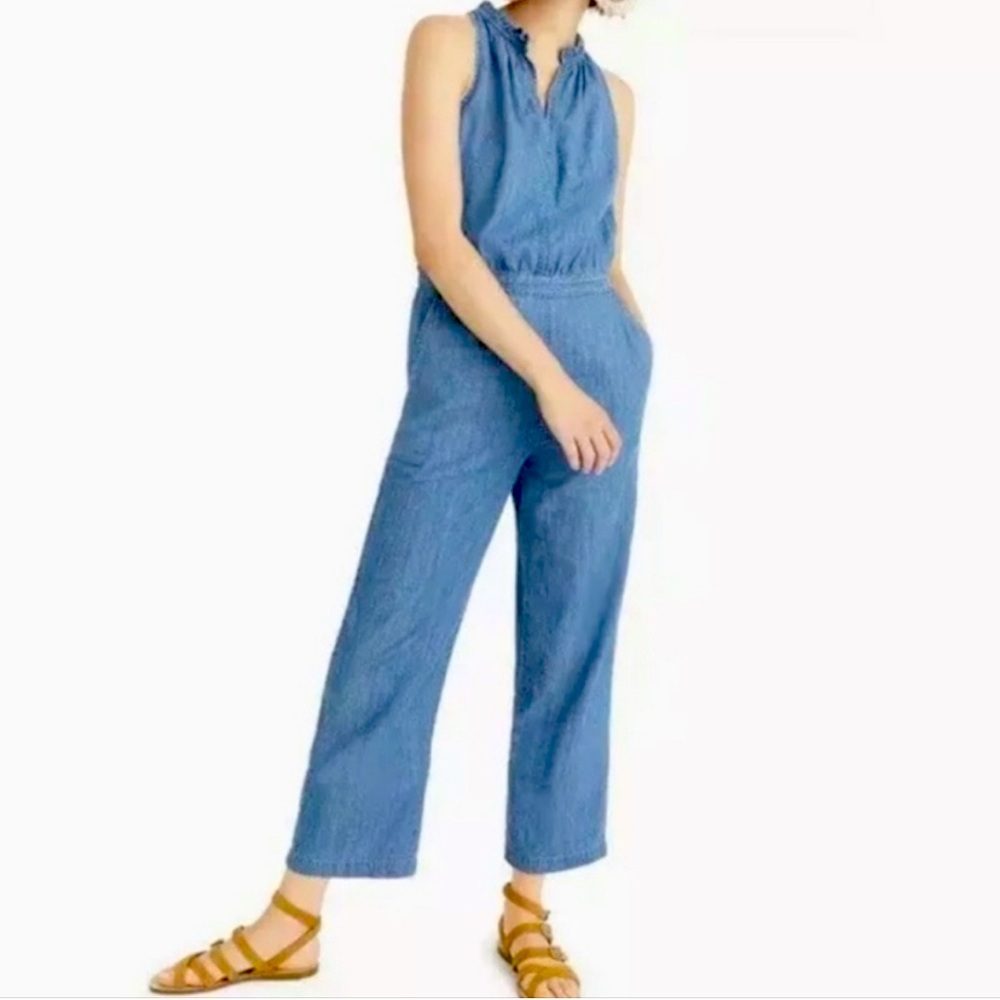 J. Crew Point Sur jumpsuit sleeveless blue chambray 2 ruffle feminine effortless
